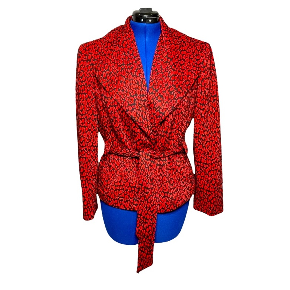 Sharagano suits 18 red/black animal print belted 1 snap lined blazer/jacket